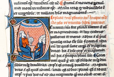 Ms 3458 fol 62vo Historyczny inicjał D przedstawiający Arystotelesa trzymającego sferę armilarną i wskazującego na niebo, gdy naucza grupę duchownych z Europy Zachodniej (pióro i atrament oraz tempera na welon autorstwa French School