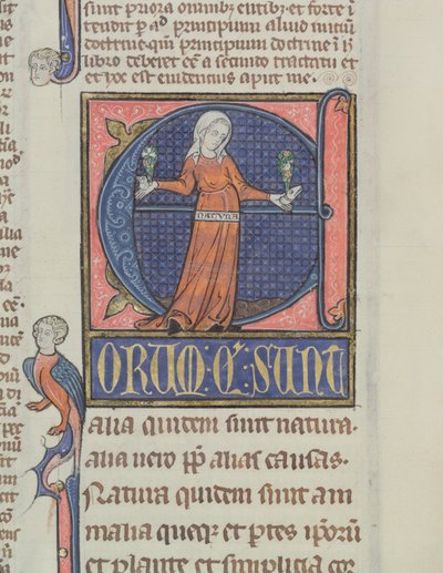 Ms 3469 Historyczny inicjał E z przedstawieniem Natury, z Fizyki Arystotelesa (384-322 pne) (pióro, atrament i tempera na welinie) autorstwa French School