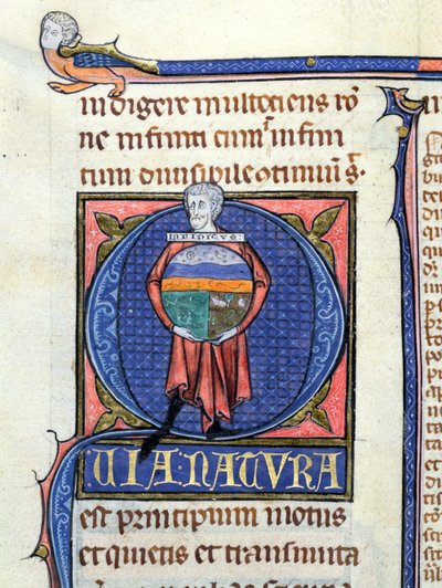 Ms 3469 Filozof trzymająca globus z czterema elementami, z Fizyki Arystotelesa (384-322 pne) (pióro, atrament i tempera na welinie) autorstwa French School