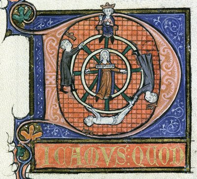 Ms 3469 fol.38 Koło fortuny, z „Fizyki” Arystotelesa, ok. 1280-85 (pióro, atrament i tempera na welinie) autorstwa French School