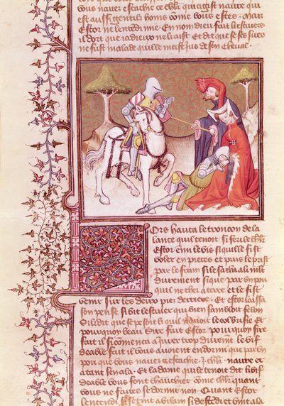 Ms 3479 fol.516 I tak wyciągnął włócznię z umierającego rycerza, z Livre de Messire Lancelot du Lac autorstwa French School