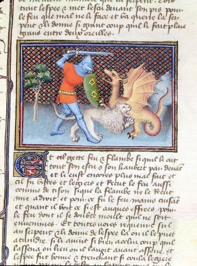 Pani 3480 Yvain, Rycerz z Lwem, walczący ze smokiem, miniatura z Roman de Lancelot autorstwa French School