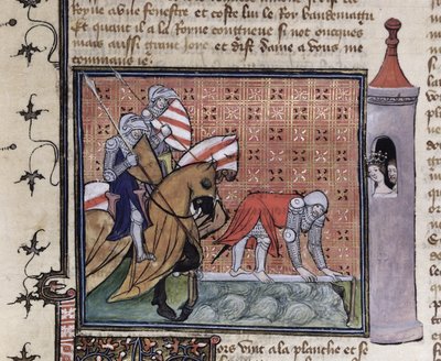 Ms 3480 fol.77 Lancelot przekraczający most miecza, z Księgi Sir Lancelota du Laca autorstwa French School