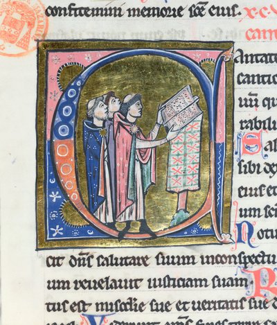 Ms 36 Historyczny inicjał C przedstawiający mnicha czytającego mszał, z Biblii łacińskiej autorstwa French School