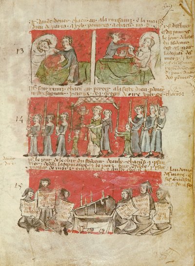 Ms 406 fol.6 Sceny z życia studentów Kolegium Hubanta lub Ave Maria, ze Statutów Kolegium Hubanta, Paryż, 1387 autorstwa French School