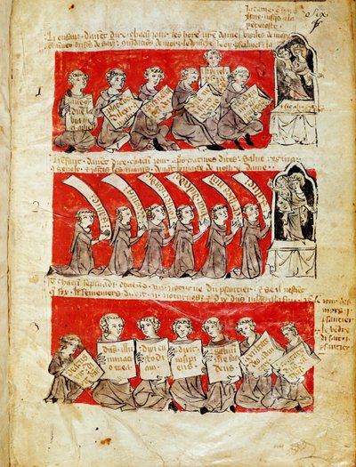 Ms 406 fol.6 Sceny z życia uczniów Kolegium Hubant lub Kolegium Najświętszej Maryi Panny w Paryżu, ze Statutów Kolegium Hubant, 1387 autorstwa French School