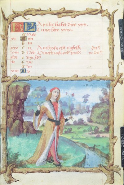 Ms 438 Miesiąc kwiecień: Dżentelmen zbiera kwiaty z Księgi godzin, 1490 autorstwa French School