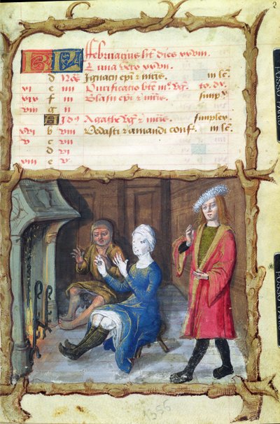Ms 438 Miesiąc luty: Rozgrzewka przed paleniskiem, z Księgi godzin, 1490 autorstwa French School