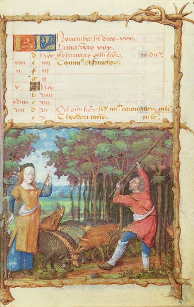Ms 438 Miesiąc listopad: Zbieranie żołędzi, z Księgi Godzin, 1490 autorstwa French School