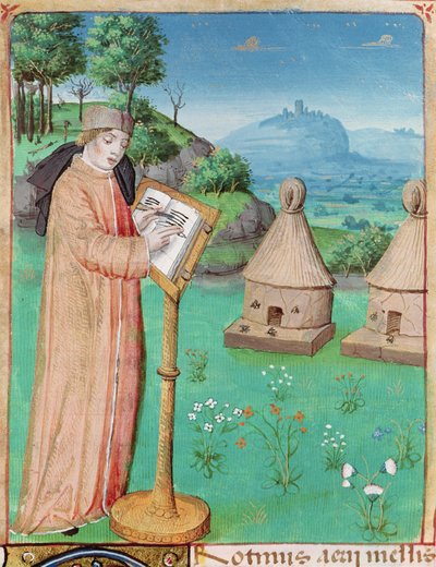 Ms 493 fol.45 Wergiliusz (70-19 pne) piszący Życie pszczół, z Georgik Wergiliusza z komentarzem Serwiusza, 1469 autorstwa French School