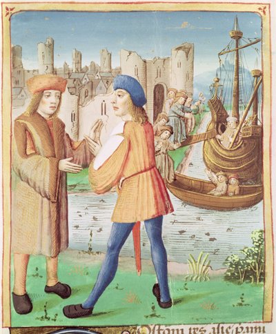 Ms 493 fol.87 Odejście Eneasza z Eneidy Wergiliusza z komentarzem Serwiusza, 1469 autorstwa French School