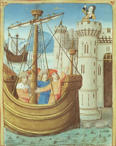 Ms 493 fol.99v Odejście śmierci Eneasza i Dydony z Eneidy Wergiliusza z komentarzem Serwiusza, 1469 autorstwa French School