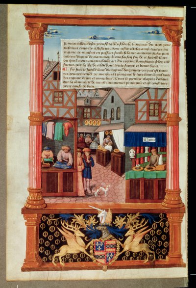 Ms 5062 fol.149v Ulica ze sklepami i herbem Roberta Stuarta, marszałka dAubigny Lucrece, z Livre de Gouvernement des Princes by Gilles de Rome autorstwa French School