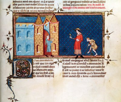 Ms 5080 fol.373r Dwóch trędowatych żebrzących, z Le Miroir Historial, Vincent de Beauvais autorstwa French School