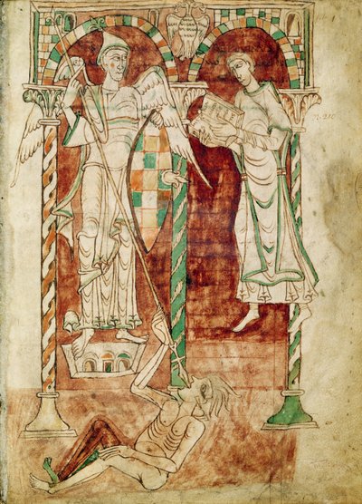 Ms 50 Fol.1v Kopista przedstawia św. Michałowi swoją księgę z Uznań św. Klemensa autorstwa French School