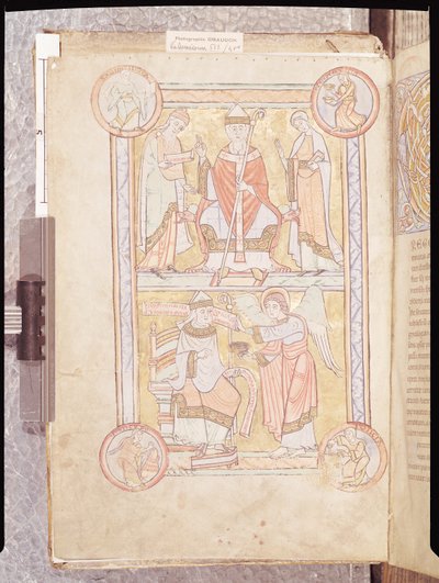 Ms 512 fol.4v Św. Grzegorz Wielki (ok. 540-604) pomiędzy jego ojcem Gordienem i matką Silvią i topielcem jako aniołem, z Liber Pastoralis autorstwa French School