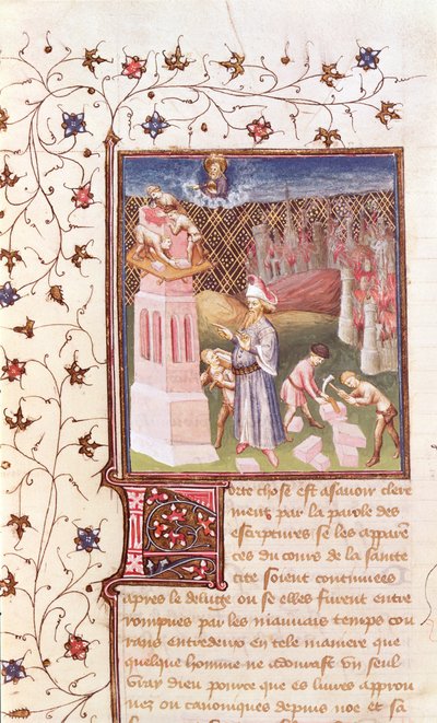 Ms 55 t f.111v Nimrod nadzorujący budowę wieży Babel, z La Cite de Dieu św. Augustyna, przekład Raoula de Presles (1316-82) c.1400-50 autorstwa French School