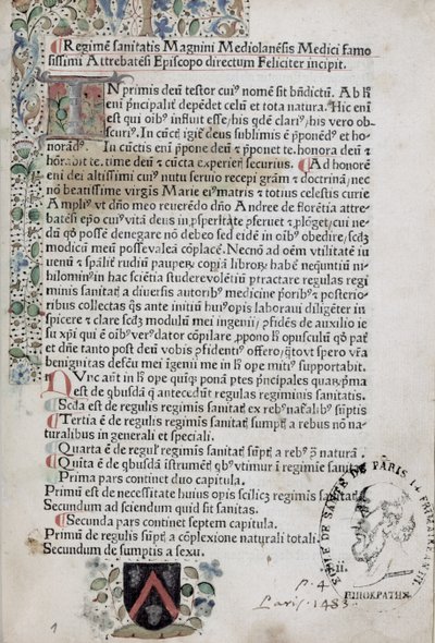 Ms 6310 Pierwsza strona z Regimen Sanitatis, 1483 autorstwa French School