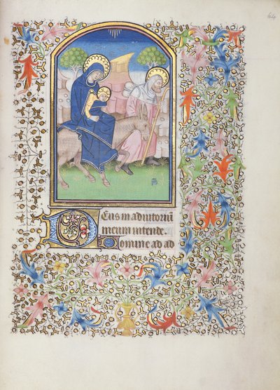Ms 69 f.64r Ucieczka Świętej Rodziny, z Godzinek Besancon autorstwa French School