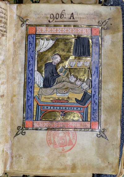 Ms 753 Fol.9 Mnich piszący w swoim łóżku z Flores Bernardi Guillaume de Tournai autorstwa French School