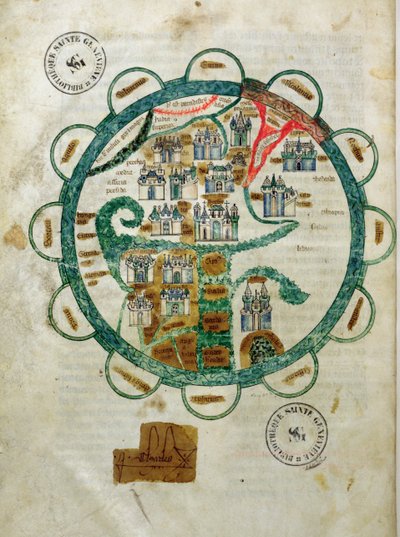 Ms 782 fol.16v. Mapa świata w formie globusa, miniatura z Grandes Chroniques de Philippe le Hardi autorstwa French School