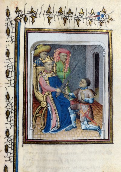 Ms 814 Karol V (1338-80) zwraca Bertrandowi du Guesclin (ok. 1320-80) Miecz Najwyższego Konstabla z Histoire de Du Guesclin po wierszu Cuveliera, początek XV wieku autorstwa French School