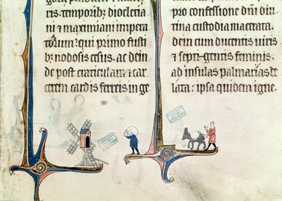 Ms 838 fol.55 Mężczyzna prowadzący osła niosący worki z pszenicą do wiatraka, z Obituaire de Notre Dame de Pres, po 1270 r. autorstwa French School