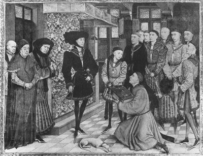 Ms 9242 Hainaut Chronicles, Filip Dobry, książę Burgundii, przedstawiony z tłumaczeniem Kronik Jeana Vauquelina, Karol Śmiały jako dziecko po lewej stronie autorstwa French School