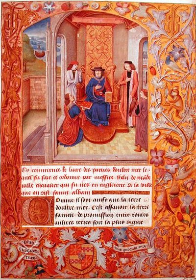 Ms 95 Fol.1 Autor ofiarowujący swoją książkę księciu Burgundii, z herbarza Adolfa de Cleves, początek XV wieku (vellum) autorstwa French School