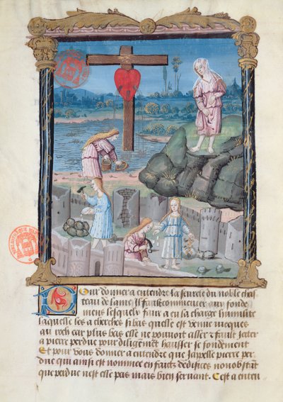 Ms 978 fol.31 Budowa zamku, ilustracja z traktatu duchowego na użytek świeckich autorstwa Gabrielle de Bourbon autorstwa French School