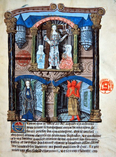 Ms 978 fol.39 „Brama zamku”, ilustracja z traktatu duchowego na użytek świeckich autorstwa Gabrielle de Bourbon (welum) autorstwa French School