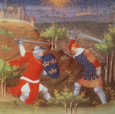 Pani Arsenal 5077 f.298 Król Artur walczy z rzymskim generałem, z rękopisu Historii autorstwa mistrza Boucicaut autorstwa French School