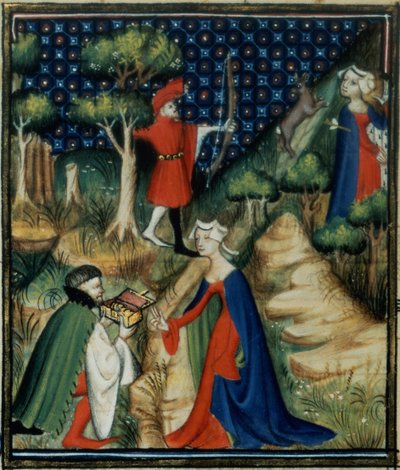Pani Fr 12420 fol.139v. Historia Procris, z „De Claris Mulieribus, z Dzieł Giovanniego Boccaccia (1313-75) autorstwa French School