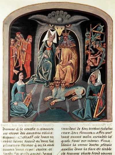 Ms Fr. 143 f.136v Hades i Persefona siedzący w podziemiach na tronie w kształcie głowy orła z Cerberem przed nimi (welin) autorstwa French School