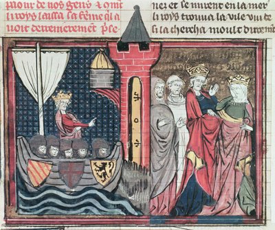 Pani Fr 22495 Fol.101 Baldwin I Przekraczając rzekę Jordan i wyrzekając się żony, z Le Roman de Godefroi de Bouillon, 1337 autorstwa French School