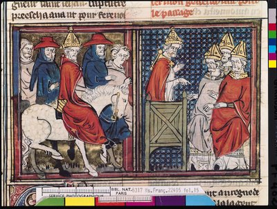 Ms Fr 22495 Fol.15 Sobór w Clermont i przybycie papieża Urbana II (ok. 1035-99) do Francji, z Le Roman de Godefroi de Bouillon, 1337 autorstwa French School