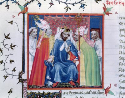 Pani ks. 2608 fol.335v Koronacja Filipa III (1245-85), z Grandes Chroniques de France, c.1400 autorstwa French School