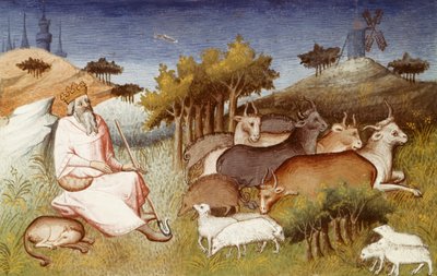 Pani Fr 2810, Król Dor pilnujący swojej trzody, miniatura z „Livre des merveilles du monde” (Księga Cudów Świata) autorstwa Marco Polo i Rustichello, ok. 1410-12 (tempera on vellum) autorstwa French School