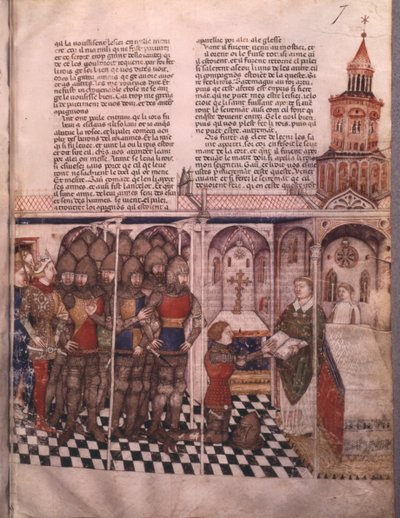p. ks. 343 fol. 7 W poszukiwaniu Świętego Graala i śmierci Artura, rycerz składający przysięgę autorstwa French School