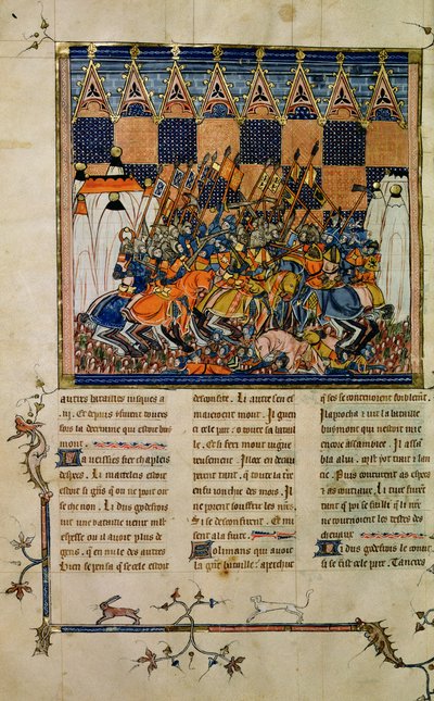 Pani ks. 352 os. 49v Scena bitewna, z biografii Godefroi de Bouillon, A History of Western Saints autorstwa French School