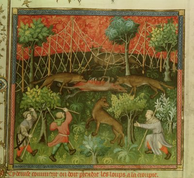 Pani Fr 616 fol.111 Polowanie na wilki przy pomocy sieci, z Livre de la Chasse Gastona Phebusa de Foix (1331-91) autorstwa French School