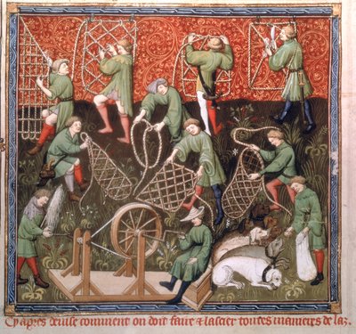 Ms Fr 616 fol.53v Mężczyźni z sieciami, z Livre de la Chasse Gastona Phebusa de Foix (1331-91) początek XV w. autorstwa French School
