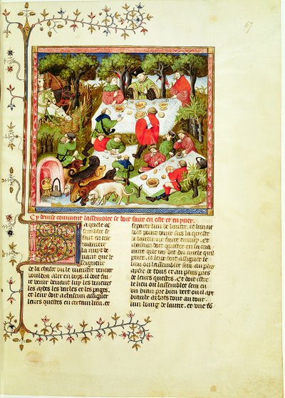Pani Fr 616 fol.67 Myśliwi ucztujący przed polowaniem na jelenie, z Livre de la Chasse Gastona Phebusa de Foix (1331-1391) autorstwa French School