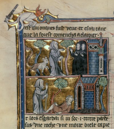 Pani Fr 95 f.4v Pustelnik i bestia, z lHistoire du Saint Graal, c.1280-90 autorstwa French School