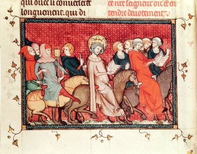 Ms Fr fol.48 Król dyktujący godziny na koniu, z Life and Miracles of St. Louis, ok. 1330-40 autorstwa French School