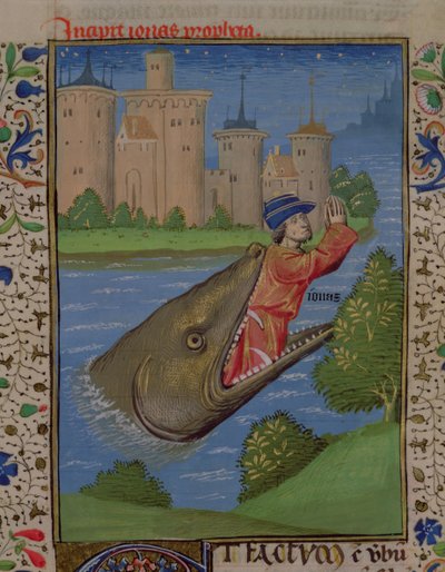 Ms H 7 f. 111r Jonasz i wieloryb, z Biblii Jana XXII autorstwa French School