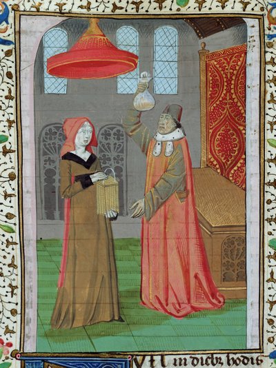 Pani H 7 fol.164r Lekarz badający mocz św. Elżbiety, czy jest w ciąży, z Biblii Jana XXII autorstwa French School
