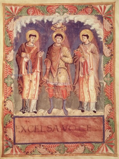 Ms Lat 1141 fol.2v Koronacja Karola II (823-877) z arcybiskupami Reims i Treves, z Sacrementaire de Metz (patrz także 159999) autorstwa French School