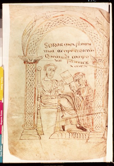 Ms Lat 13396 Fol.1 Izydor oferuje swoją pracę swojej siostrze Florentinie, z De Catholic Faith ze Starego i Nowego Testamentu przeciwko Żydom autorstwa Izydora z Sewilli (ok. 560-636) ok. 800 autorstwa French School