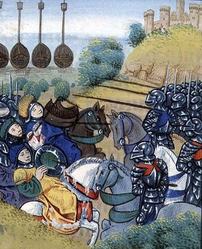 Pani Roy 20 C IX f.278v Zwycięstwo Węgier nad Turkami z flotą turecką w tle, Jean Chartrier, koniec XV wieku, z „Cronique du Temps de Treschretien Roy Charles VII” (welum) autorstwa French School